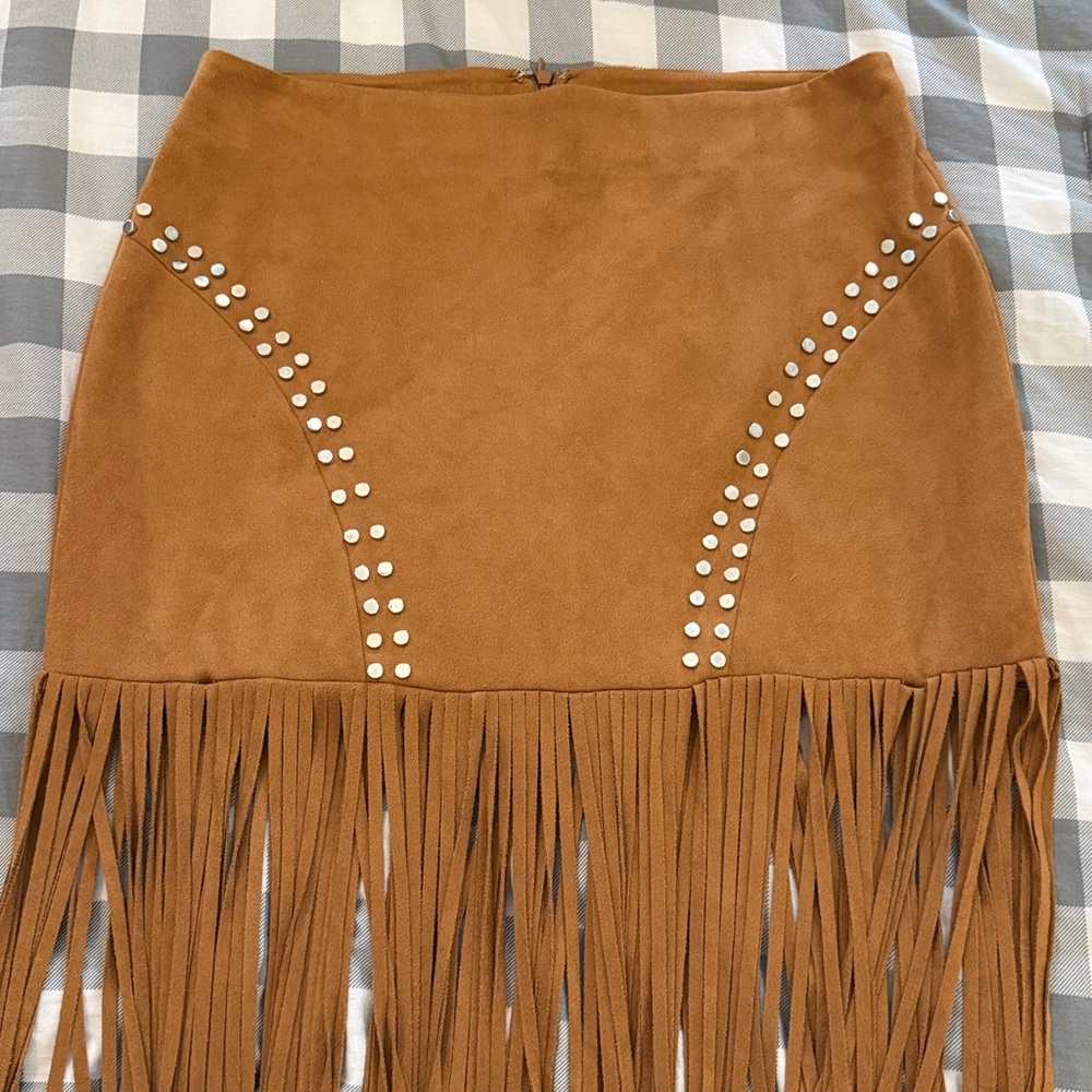 Vocal Suede Fringe Mini Skirt in Cognac Brown with Silver Studs